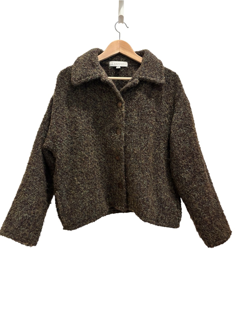 Vtg D. Terrell Cardigan Collared Boucle Knit Wool Irish Size Medium